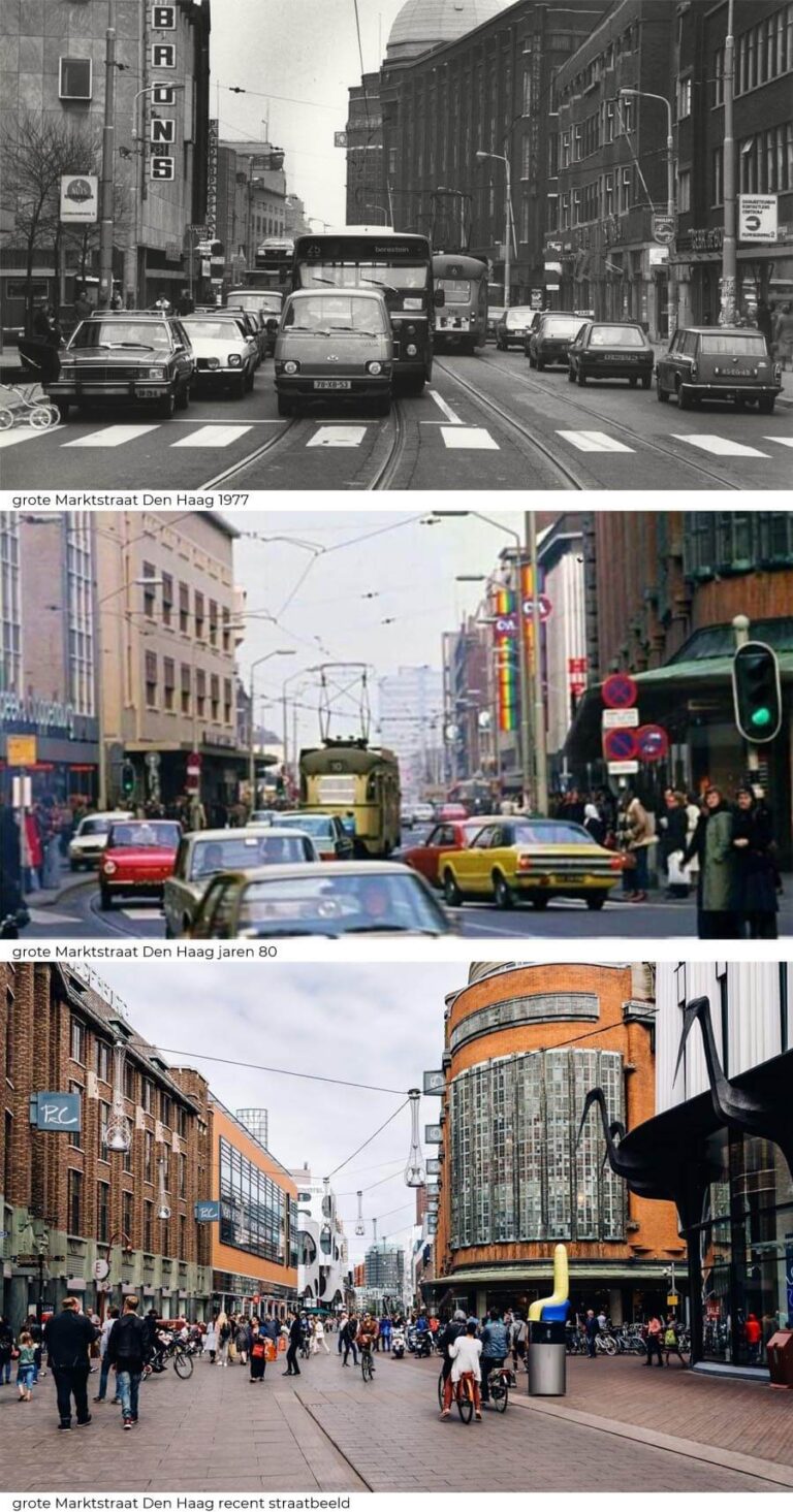 Den Haag Grote Marktstraat vergelijking verkeer 1977, jaren '80 en nu.